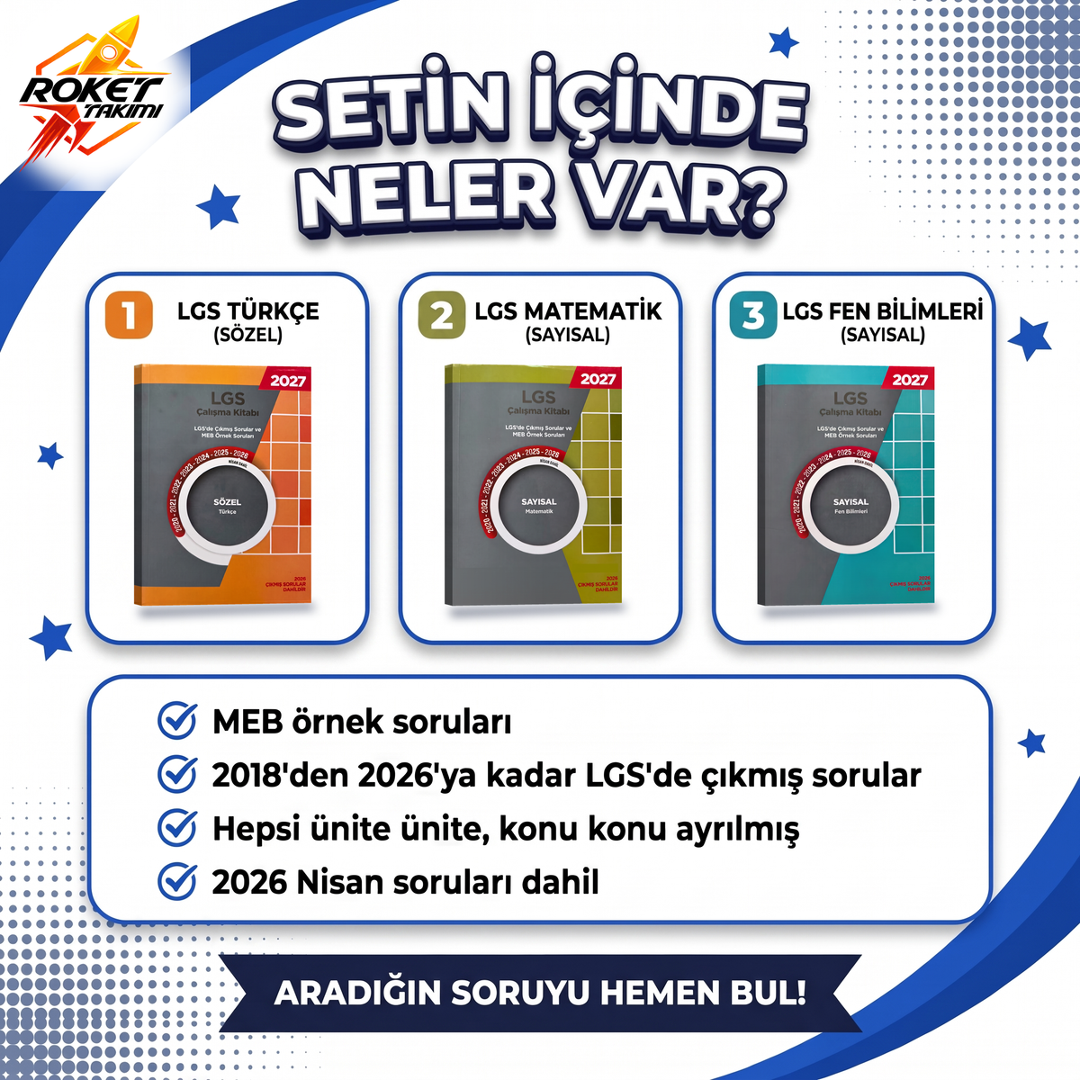 Setin içeriği: LGS Türkçe, LGS Matematik, LGS Fen Bilimleri çalışma kitapları