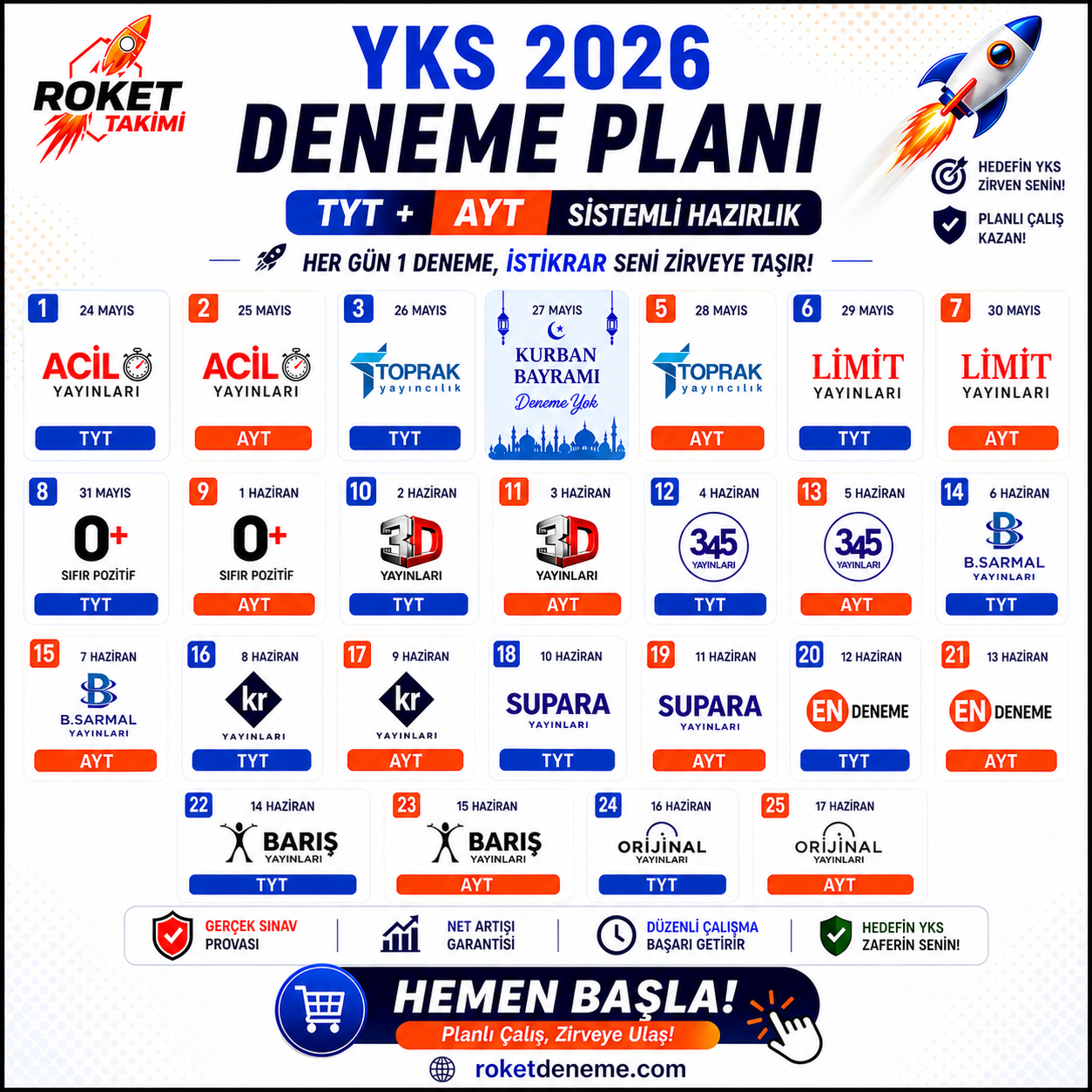 YKS MAYIS'TAN SINAVA KADAR DENEME PAKETİ 24'LÜ